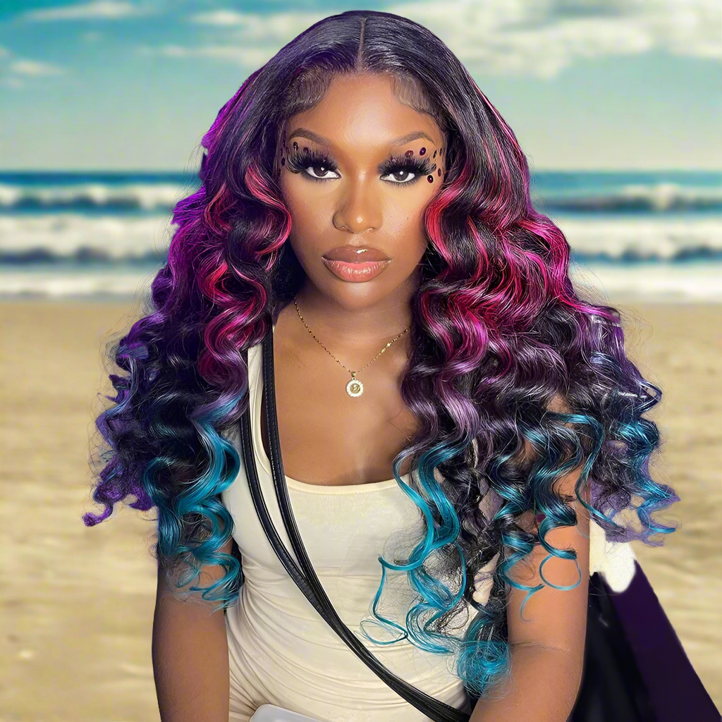 Lace Front Pre-Plucked Ombre Pink with Blue Loose Wave Human Hair Wigs
