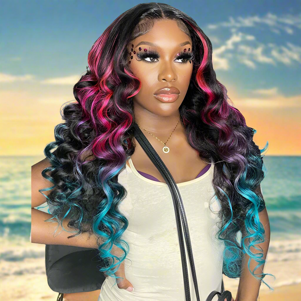 Lace Front Pre-Plucked Ombre Pink with Blue Loose Wave Human Hair Wigs