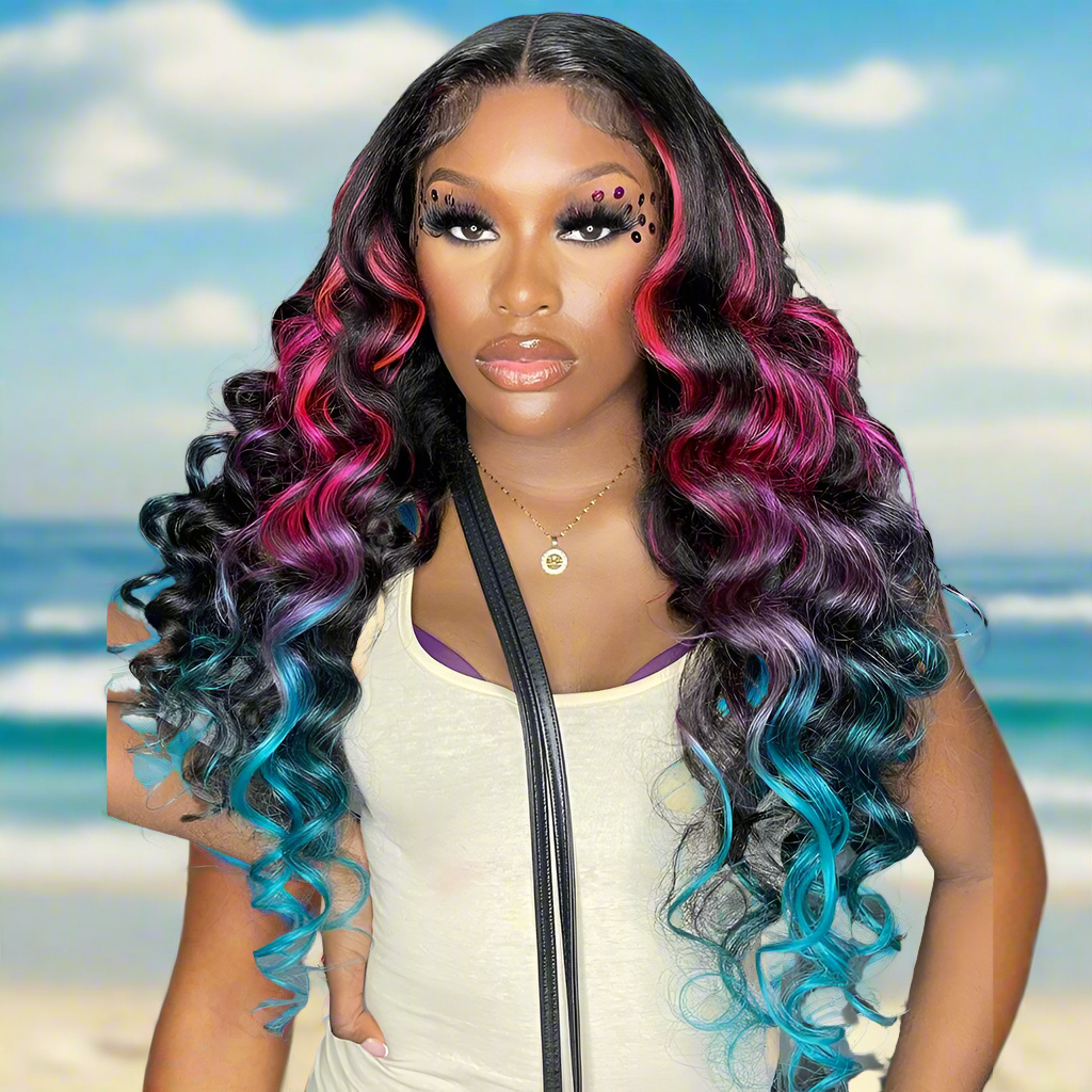Lace Front Pre-Plucked Ombre Pink with Blue Loose Wave Human Hair Wigs