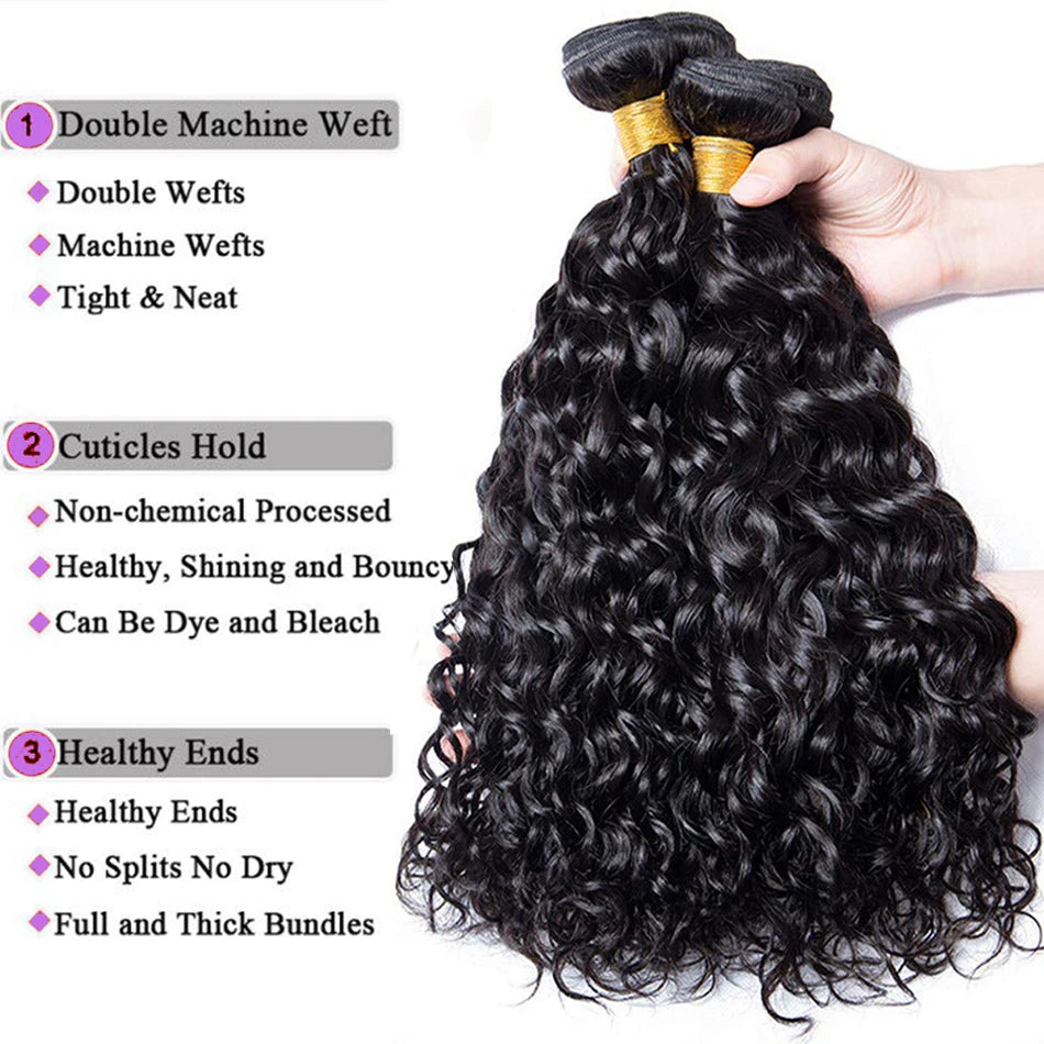 Water Wave Human Malaysian Remy Hair Bundles With Closure Extensions