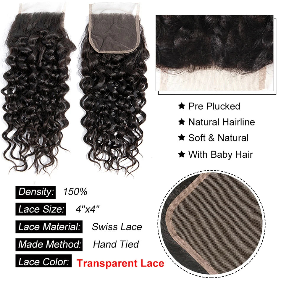 Water Wave Human Malaysian Remy Hair Bundles With Closure Extensions