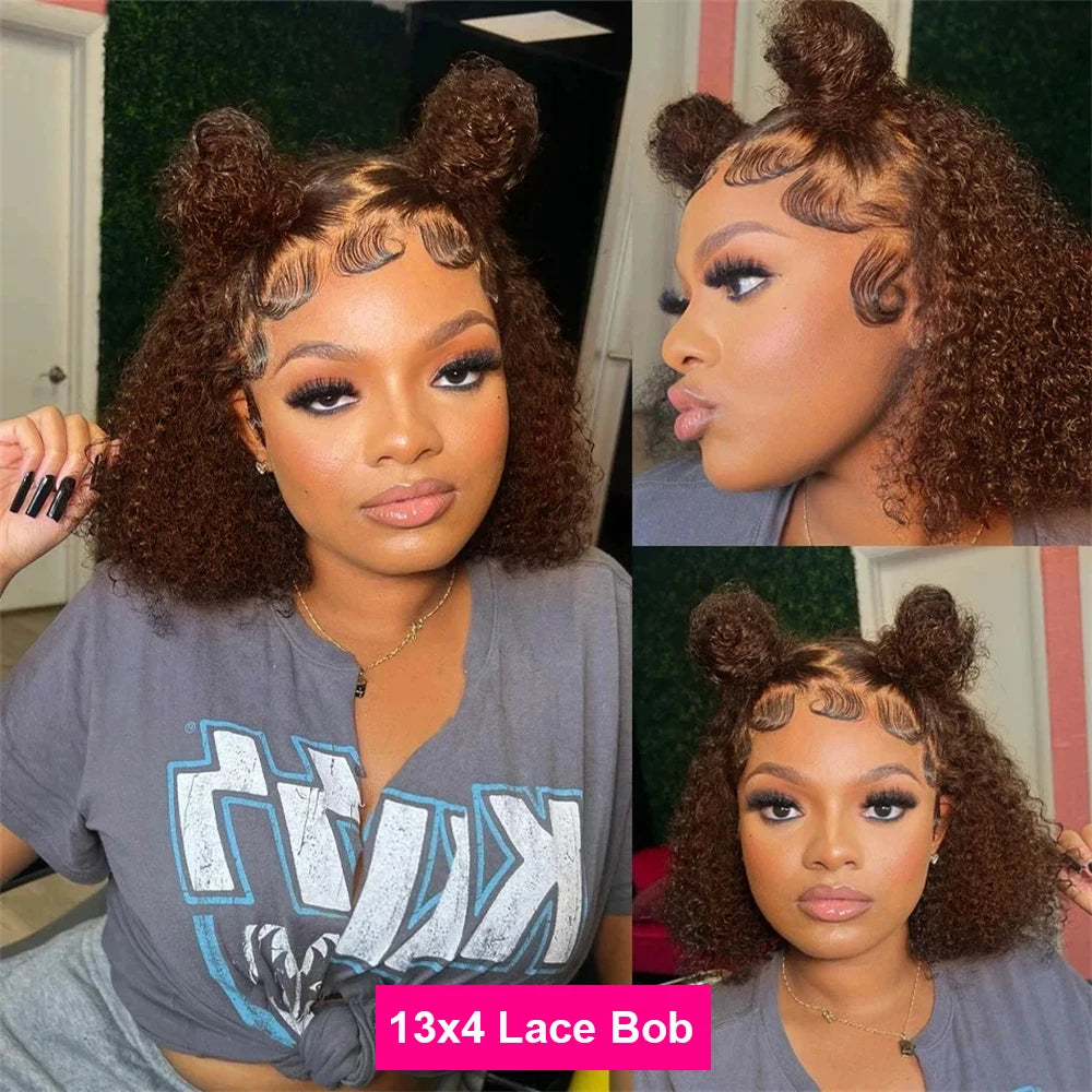 Lace front Preplucked Brown Kinky Curly Bob Brazilian Human Hair Wig