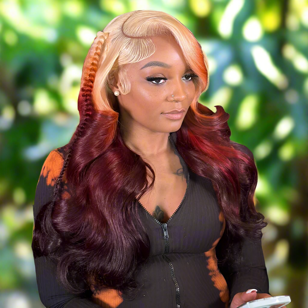 Lace Front Ombre Orange Burgundy Human Hair Body Wave Wigs