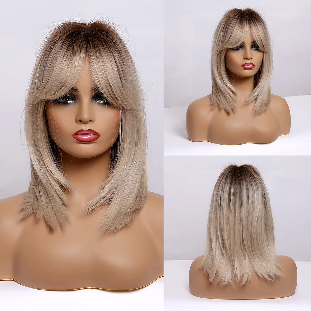 Synthetic Heat Resistant Ombre Long Straight Layered with Bangs Wigs