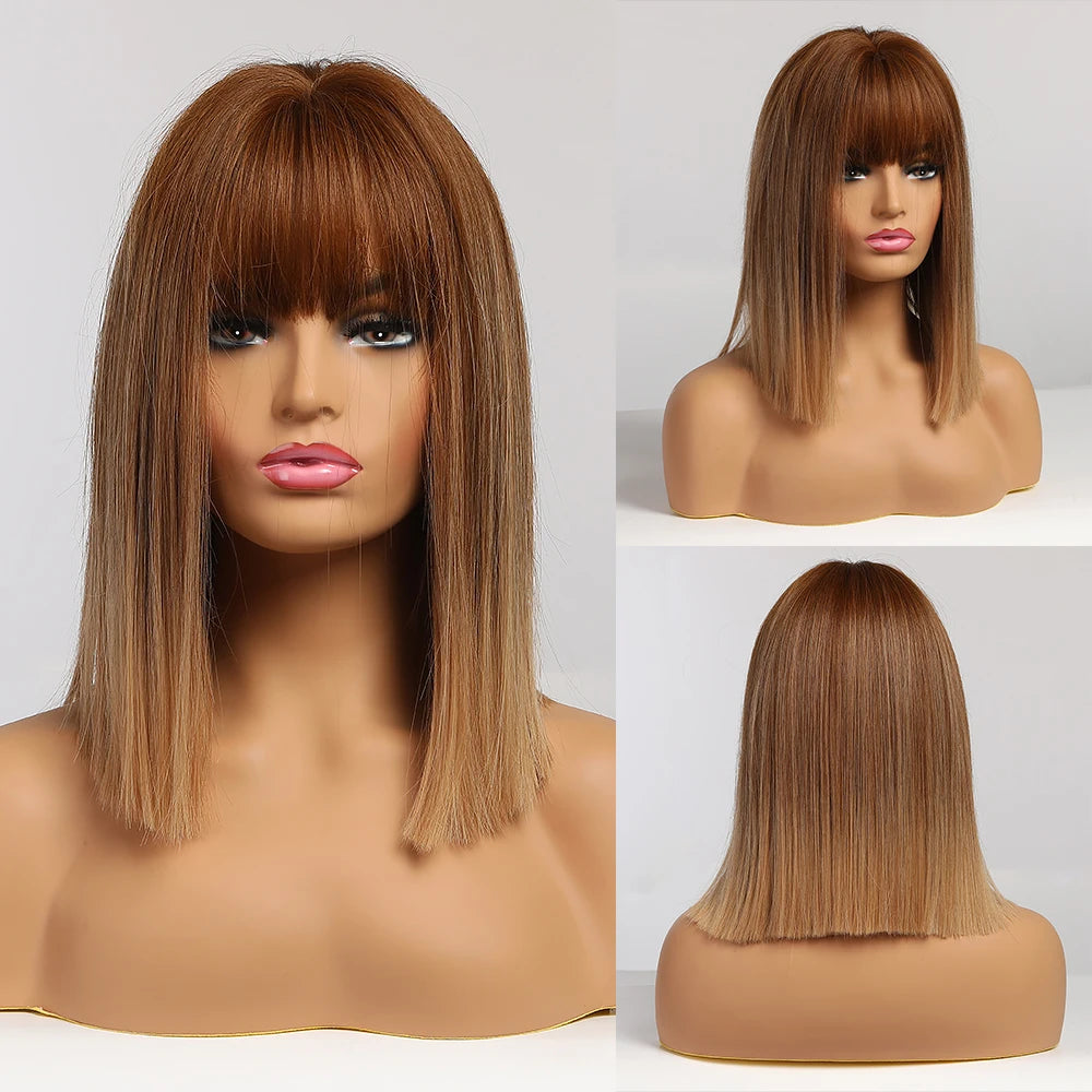 Synthetic Heat Resistant Ombre Long Straight Layered with Bangs Wigs
