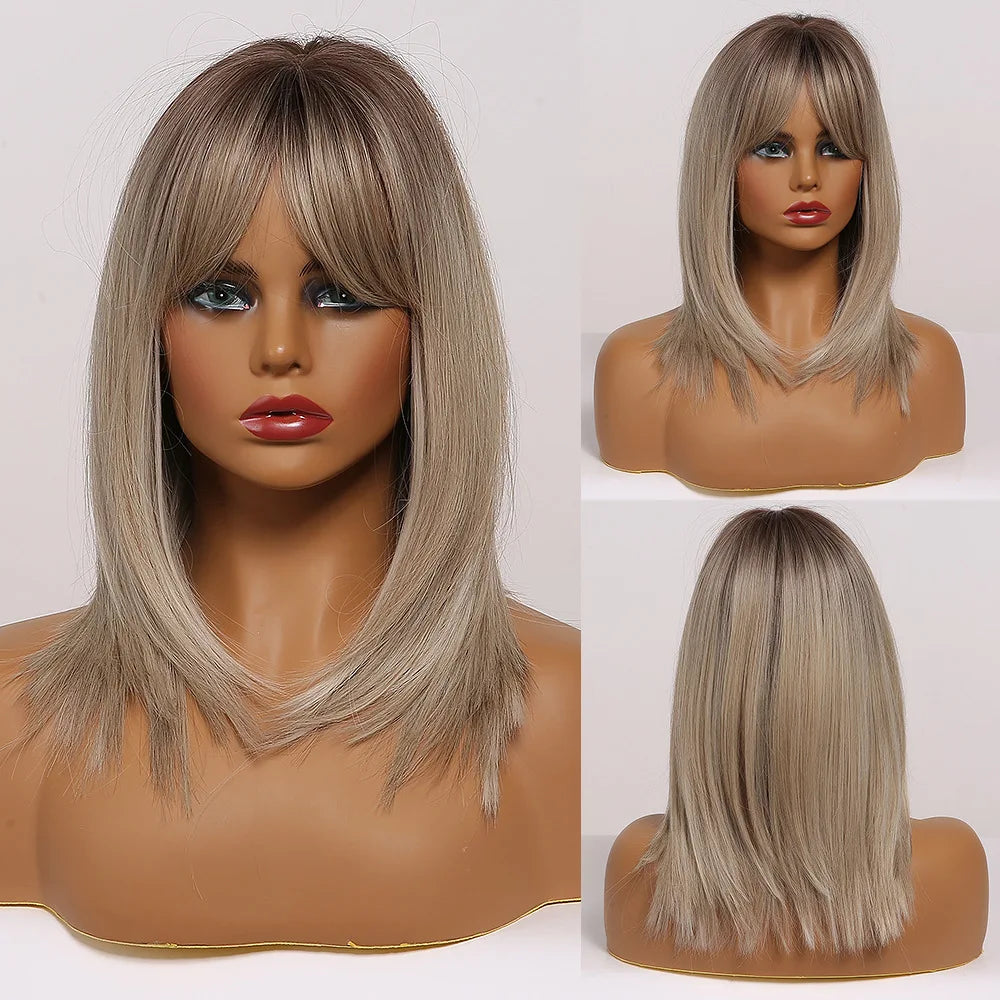 Synthetic Heat Resistant Ombre Long Straight Layered with Bangs Wigs