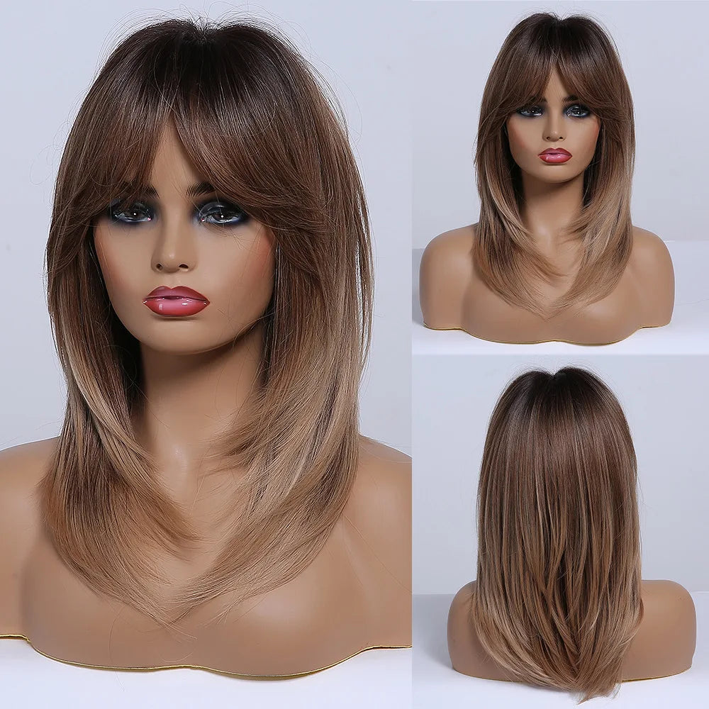 Synthetic Heat Resistant Ombre Long Straight Layered with Bangs Wigs
