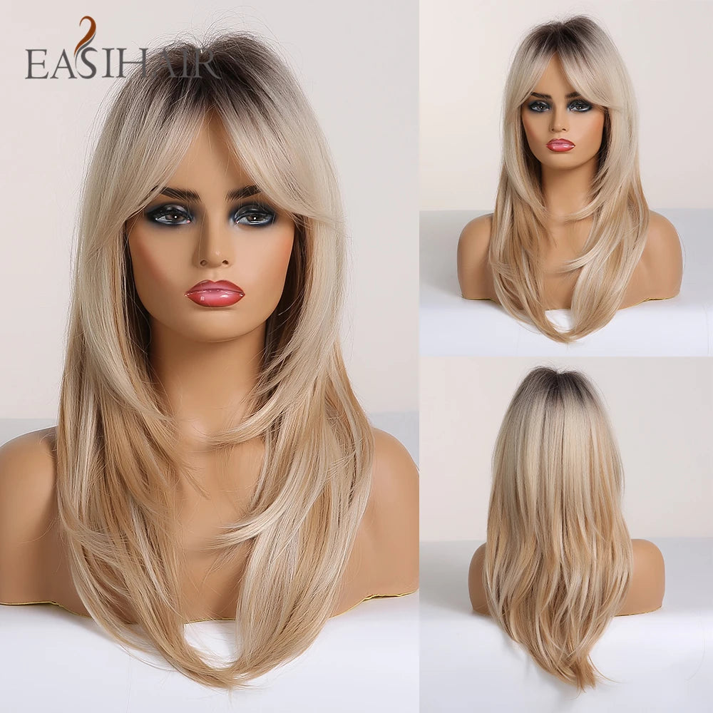 Synthetic Heat Resistant Ombre Long Straight Layered with Bangs Wigs
