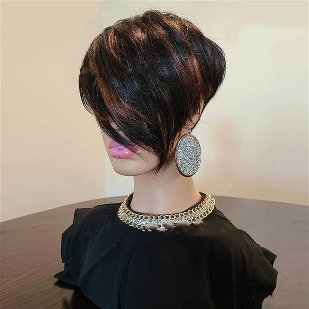 Pixie cut Synthetic Short Brown Mix Black Blonde With Bangs