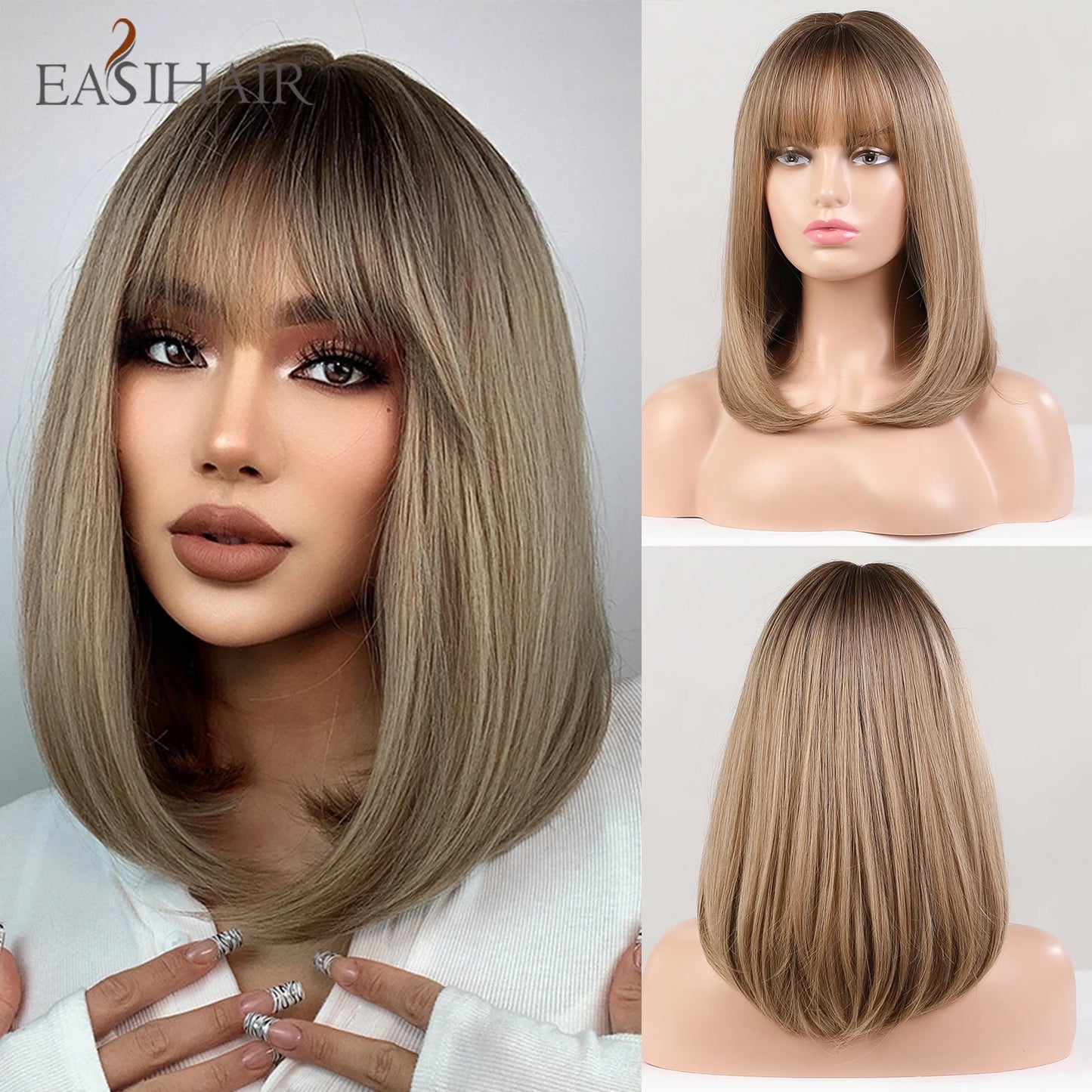 Synthetic Heat Resistant Ombre Long Straight Layered with Bangs Wigs