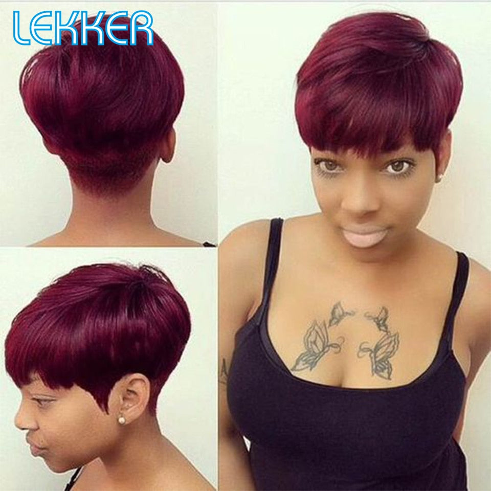 Pixie Short Bob Brazilian Remy Human Hair With Bangs Wigs