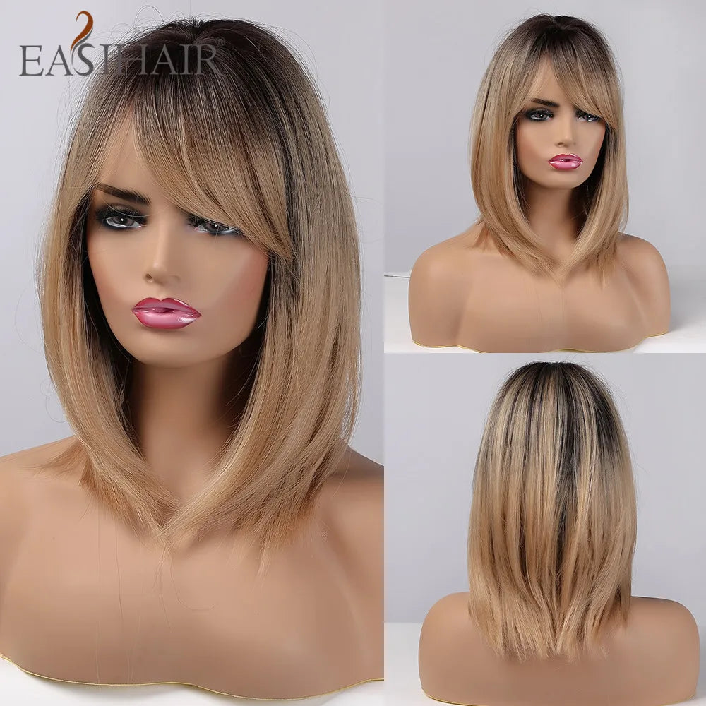 Synthetic Heat Resistant Ombre Long Straight Layered with Bangs Wigs