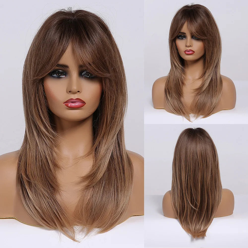 Synthetic Heat Resistant Ombre Long Straight Layered with Bangs Wigs