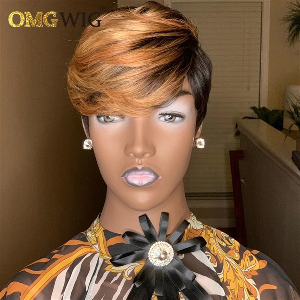 Pixie Cut Honey Blonde Ombre Brazilian Remy Hair Wigs