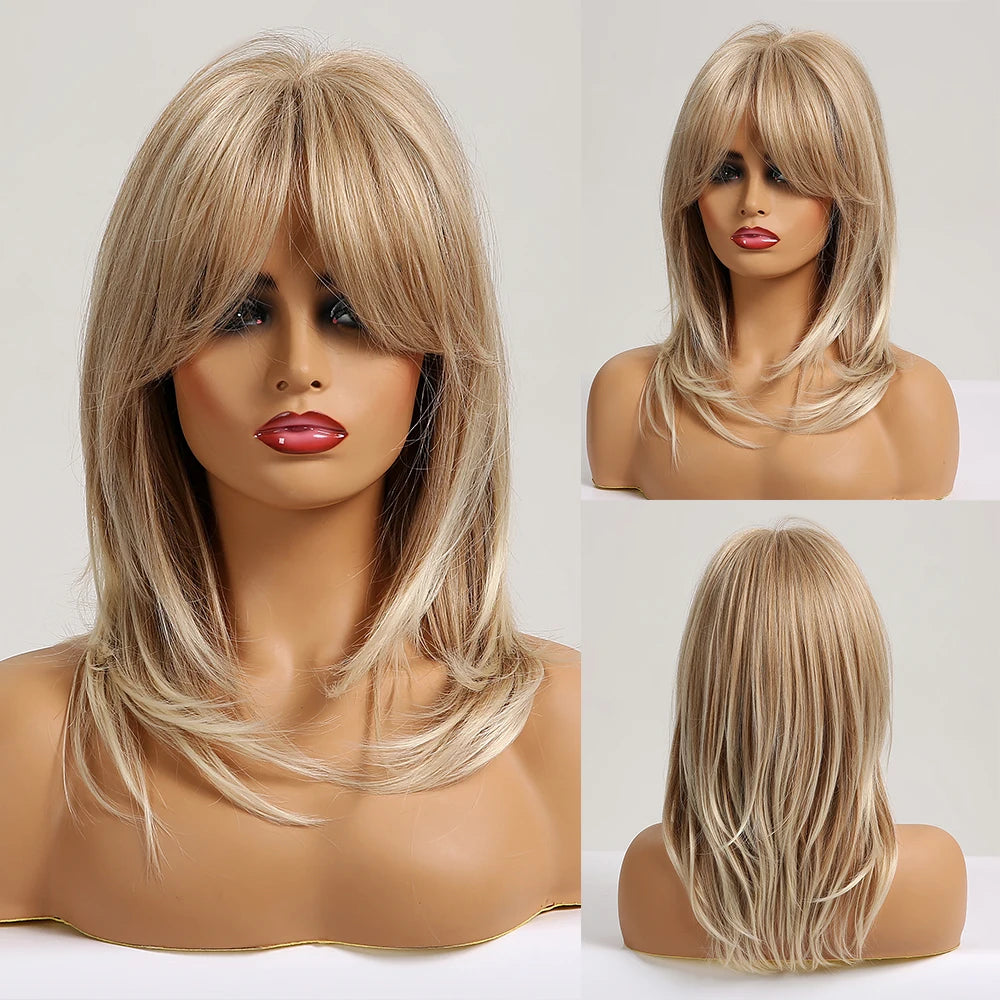 Synthetic Heat Resistant Ombre Long Straight Layered with Bangs Wigs