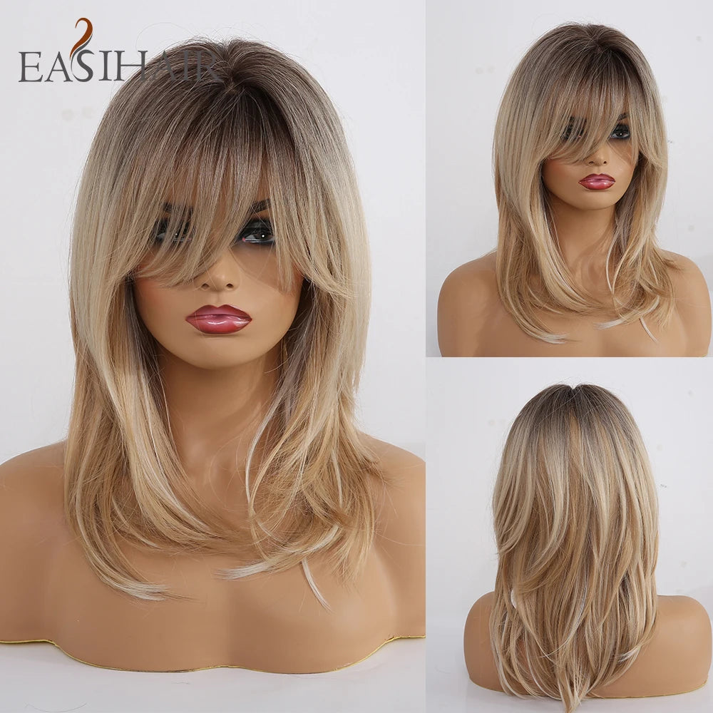 Synthetic Heat Resistant Ombre Long Straight Layered with Bangs Wigs
