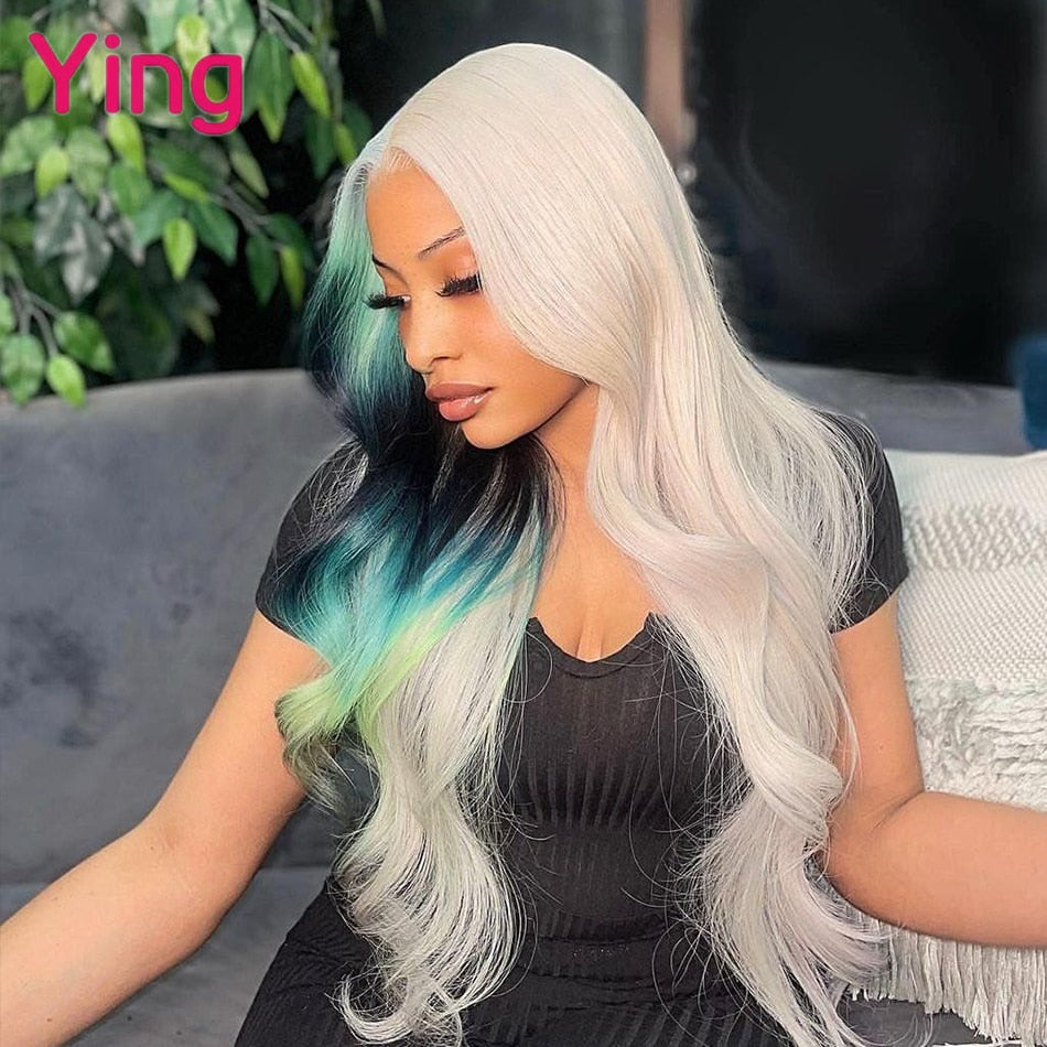 Lace Frontal Brazilian Human Hair Body Wave Highlight Blue With Black And Blonde Wigs
