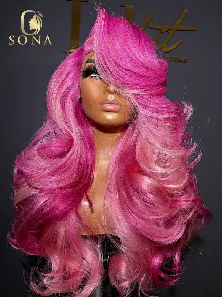 Lace Front Rose Pink Highlight Loose Body Wave Human Hair Wig