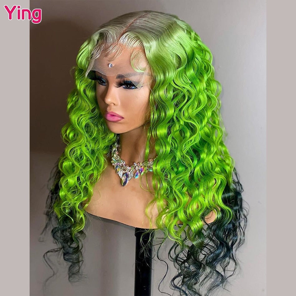 Lace Front Fluorescent Green Deep Curly Brazilian Remy Human Hair Wigs