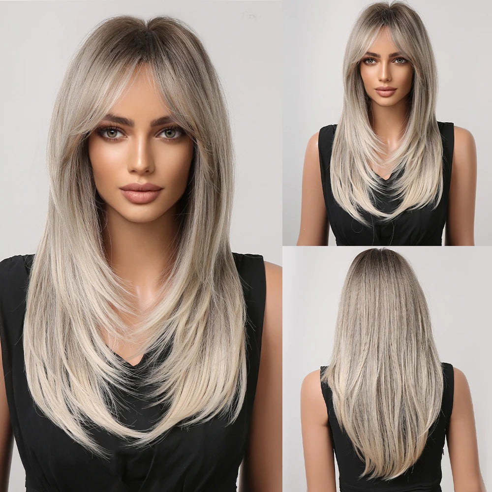 Synthetic Heat Resistant Ombré Layered Straight with Bangs Wigs
