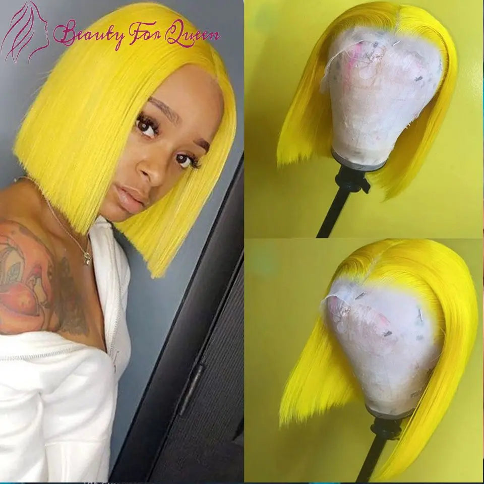 Lace Front Yellow Transparent Straight Short Bob Brazilian Human Remy Hair Wigs