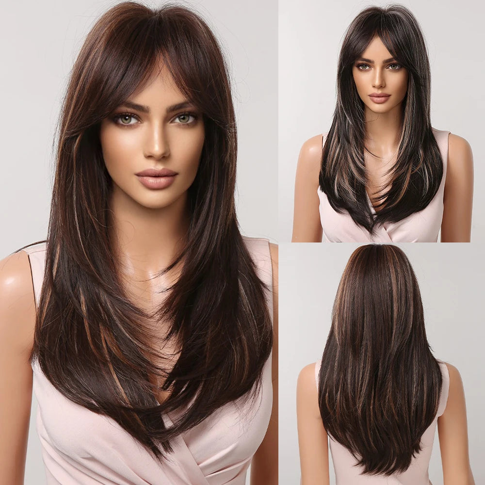 Synthetic Heat Resistant Ombre Long Straight Layered with Bangs Wigs