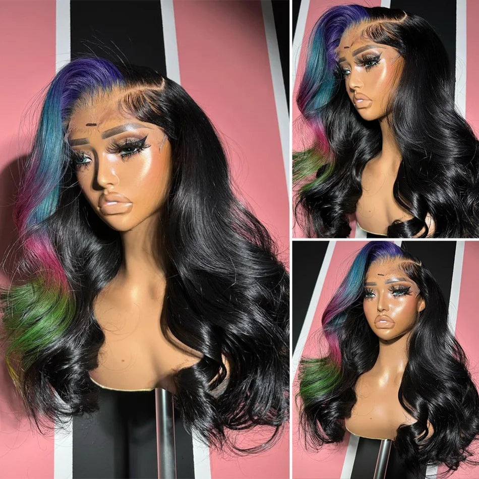 Lace Front Pre-Plucked Highlight Blue Pink Green Body Wave Wig