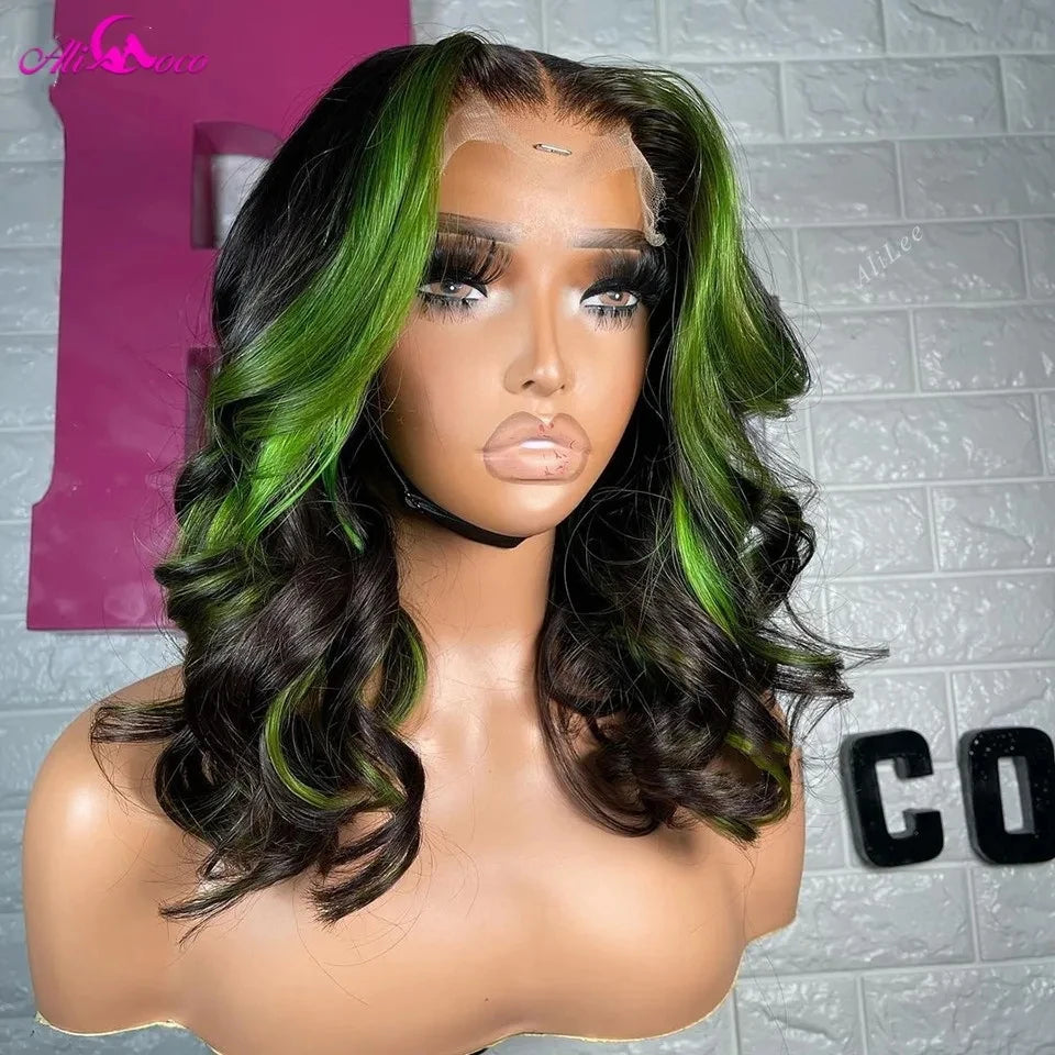 Lace front Transparent Pre plucked Highlight Green Body Wave Human Hair Wigs