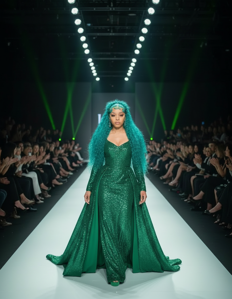 Lace front pre-plucked green deep wave Brazilian human hair wig by JNETTE CHANEL, showcasing lush curls and natural hairline.