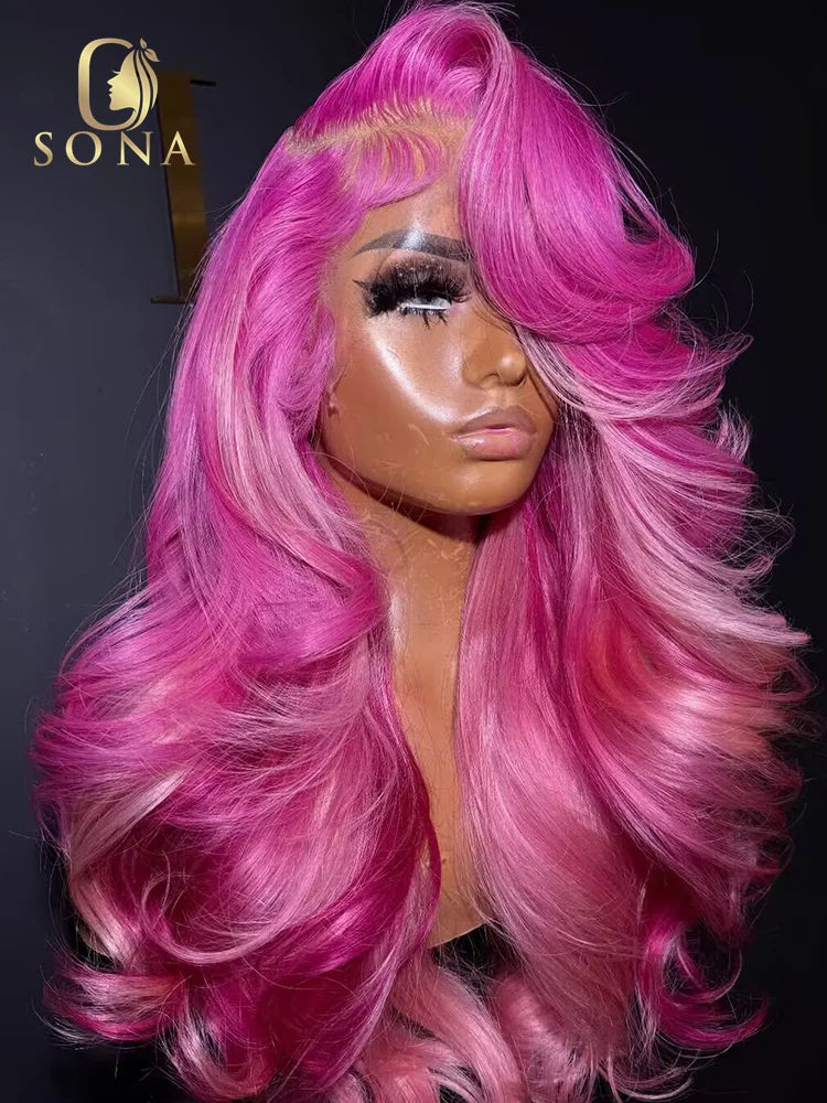 Lace Front Rose Pink Highlight Loose Body Wave Human Hair Wig