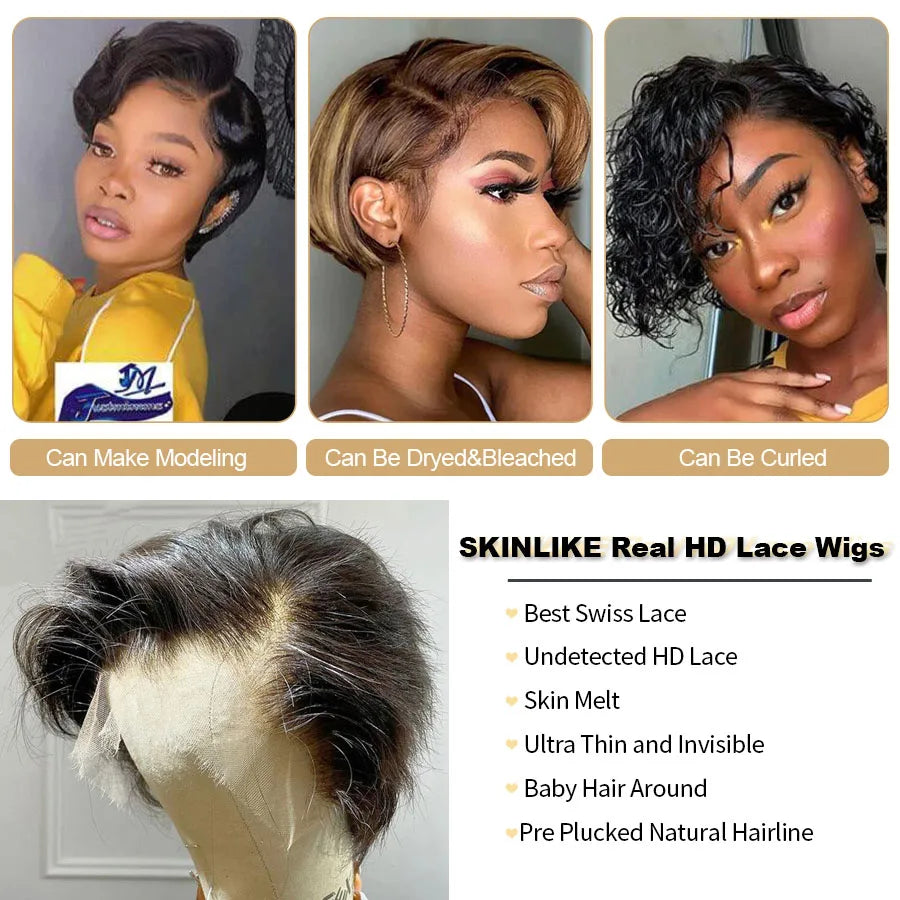 Lace Front Pre plucked Transparent Pixie Cut Human Hair Wigs