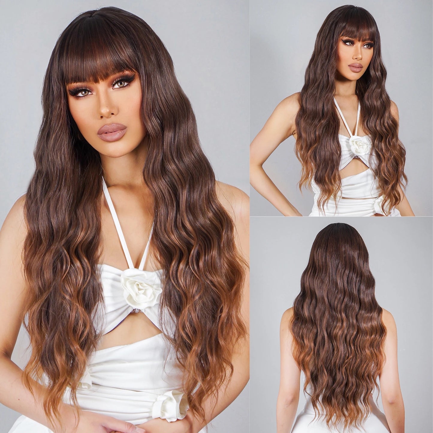 Synthetic Heat Resistant Curly Ombre Long Wavy Wigs with Bangs