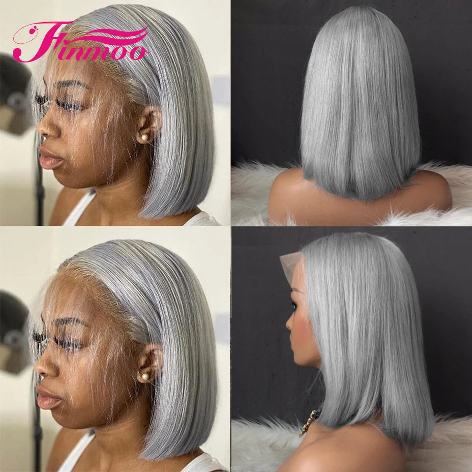 Lace Front Transparent Grey Bob Human Hair Wig