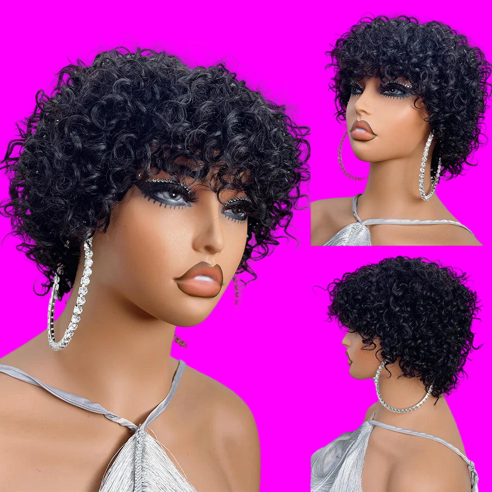 JNETTE CHANEL pixie cut glueless human hair wig with bangs, showcasing a stylish short hairstyle with natural texture.