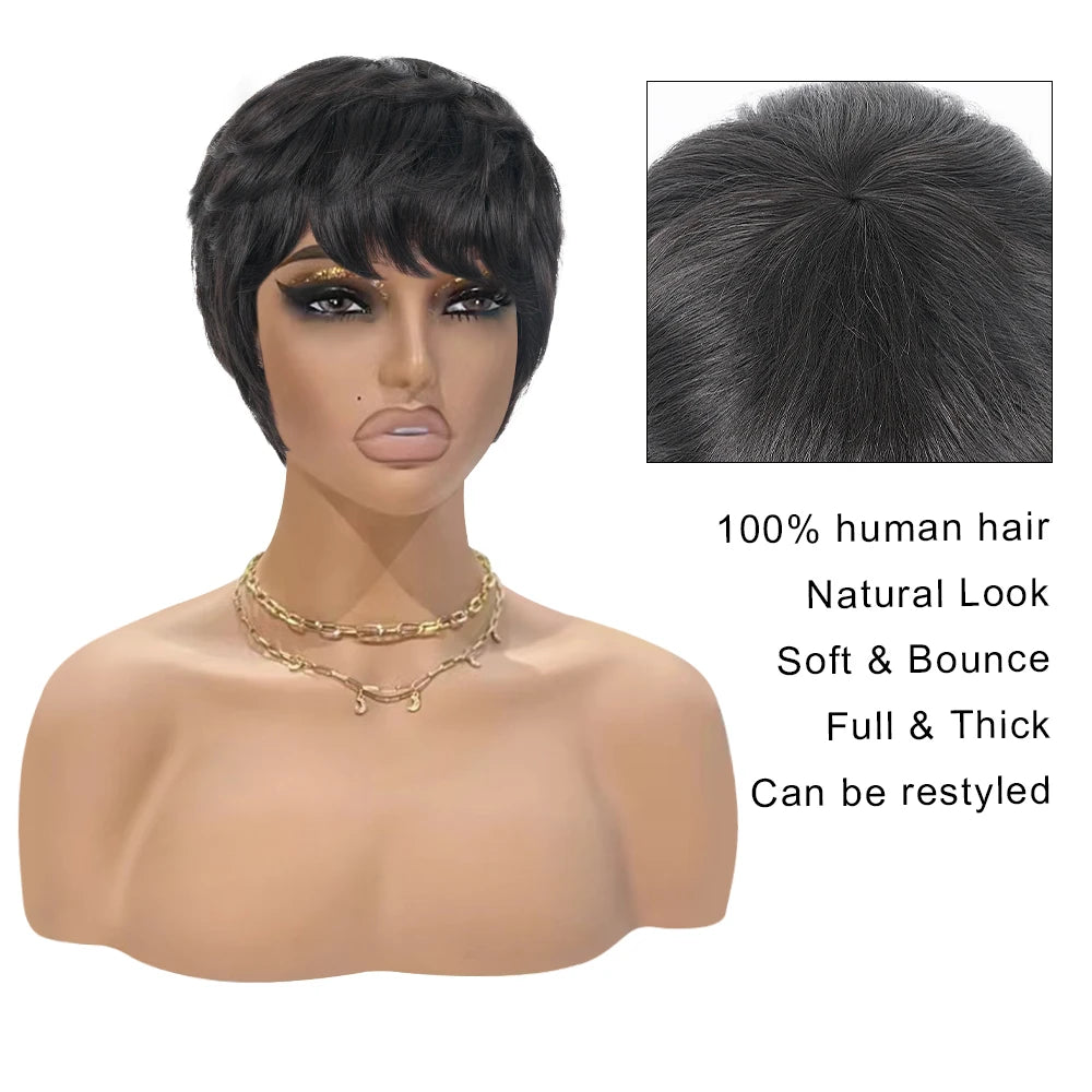 Glueless Pixie Cut Short Layered Wigs with Bangs Brazilian Human Hair