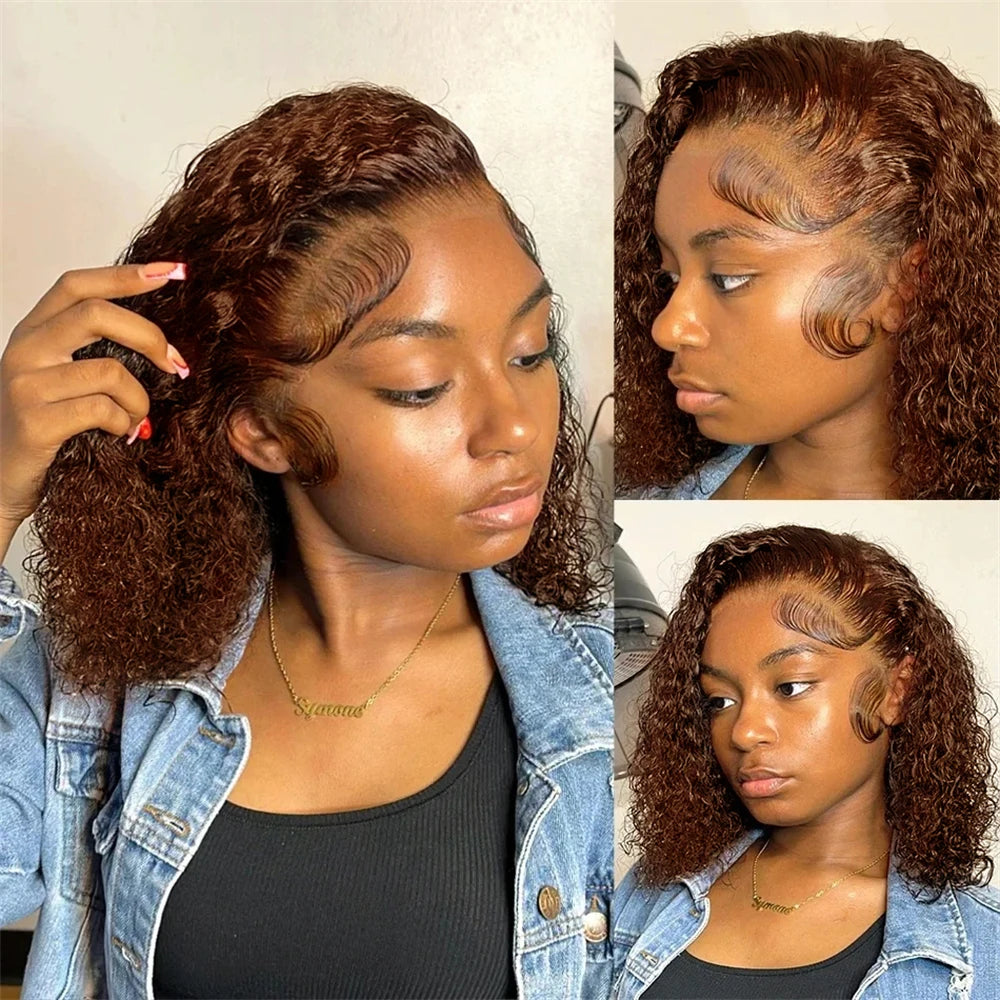 Lace front Preplucked Brown Kinky Curly Bob Brazilian Human Hair Wig