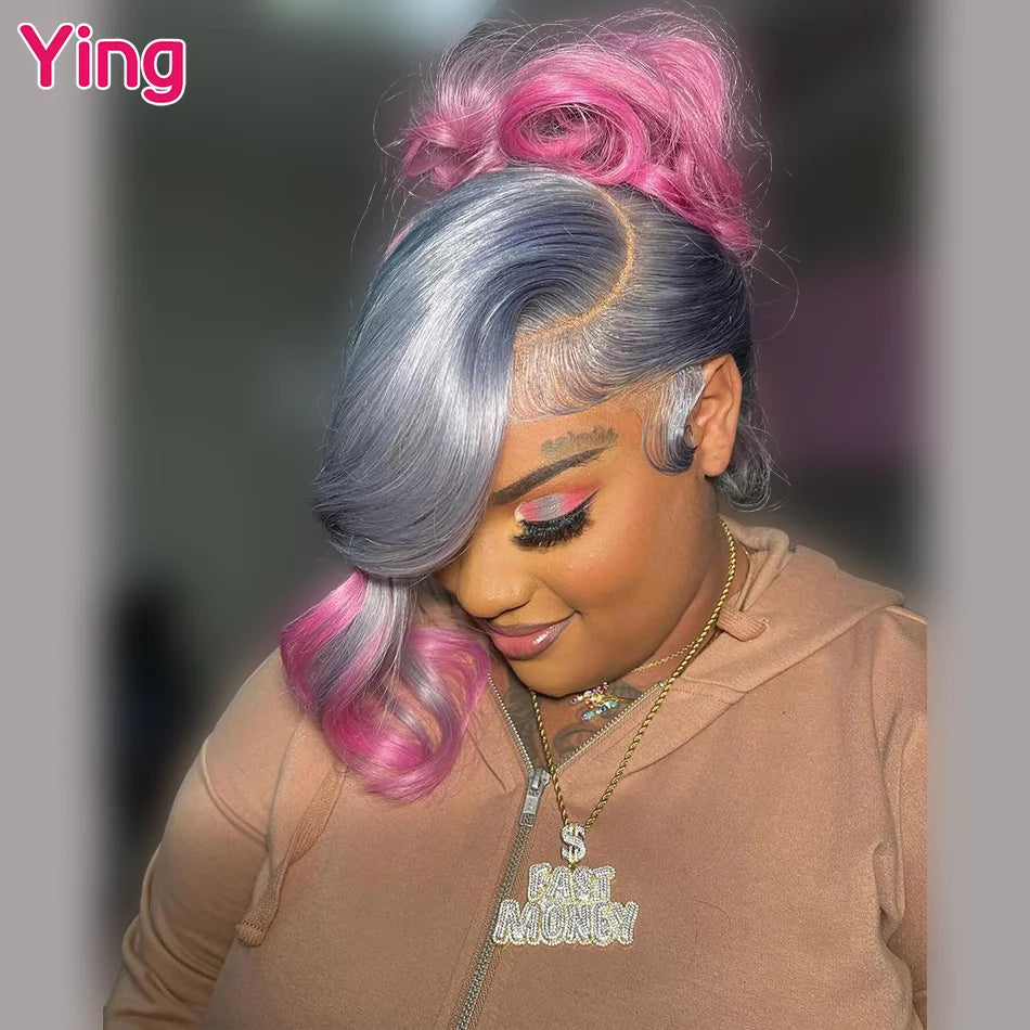 Lace Front PrePlucked Silver Gray Root Pink Body Wave Human Remy Hair Wig