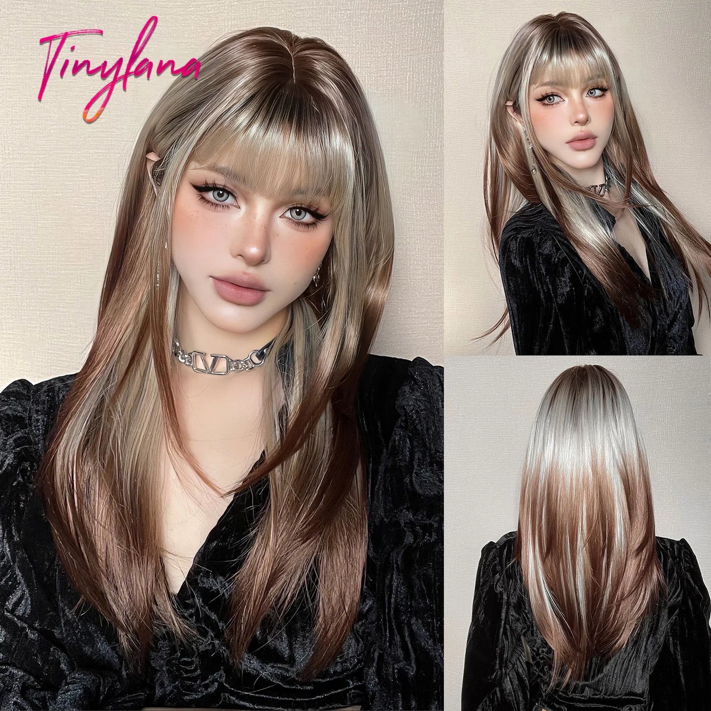 Synthetic Heat Resistant Long Straight with Bangs Ombre Layered Wig