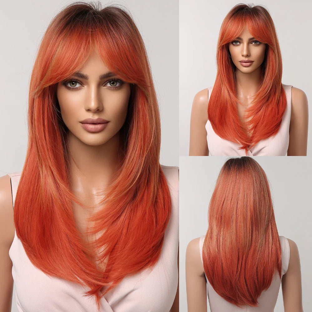 Synthetic Heat Resistant Ombre Long Straight Layered with Bangs Wigs