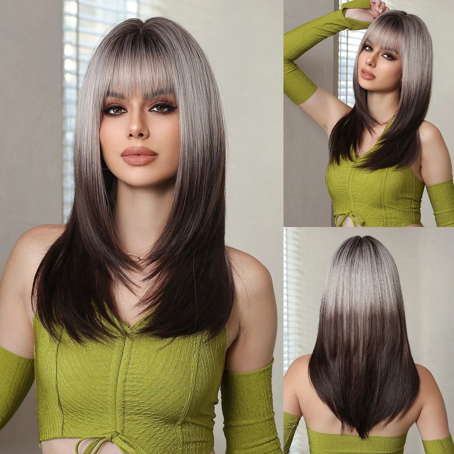 Synthetic Heat Resistant Ombre Long Straight Layered with Bangs Wigs