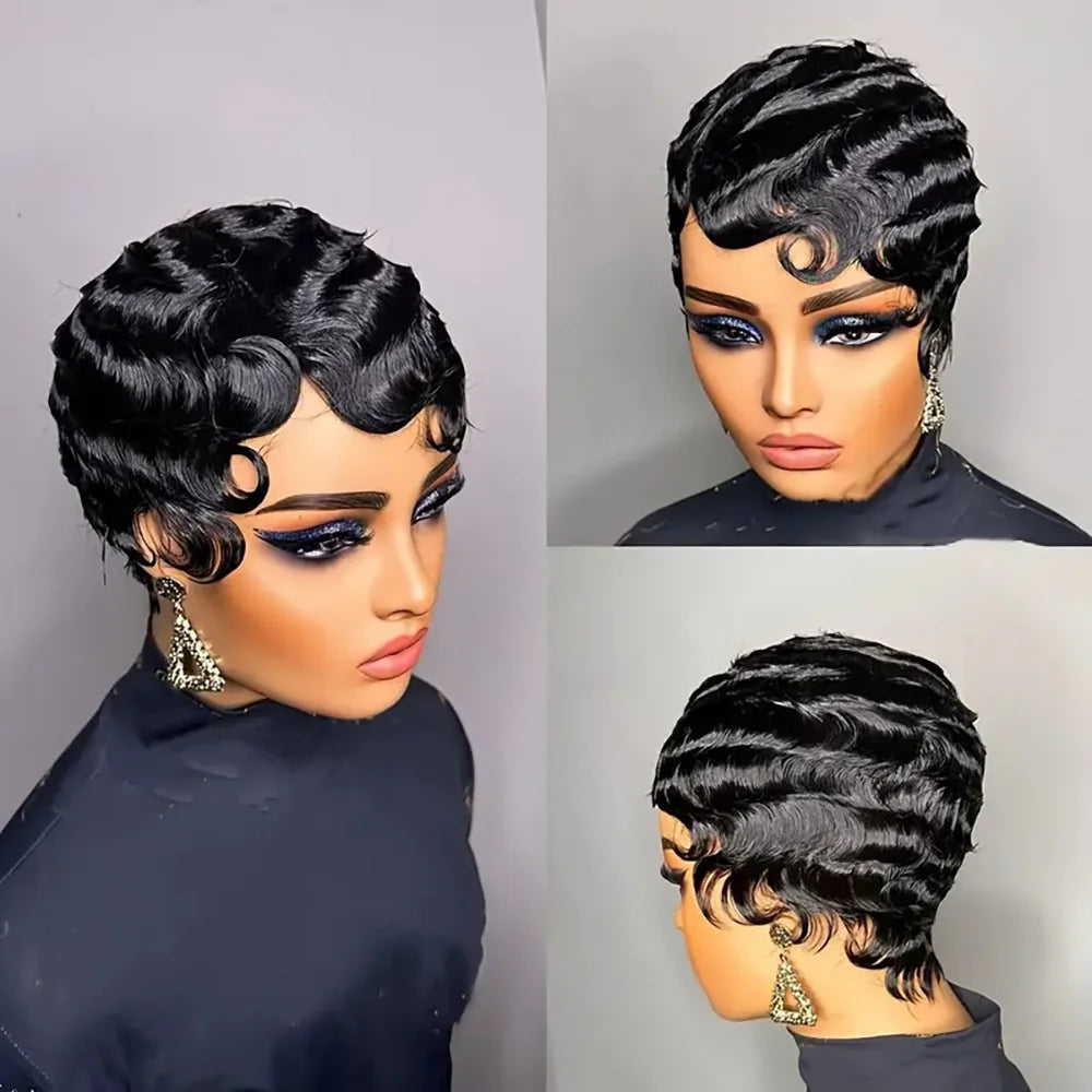 Pixie Cut Short Finger Wave Human Hair Wig