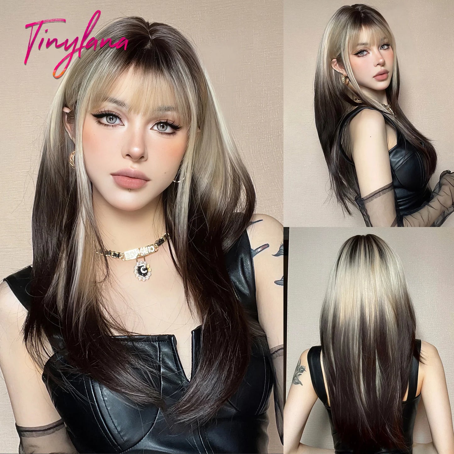 Synthetic Heat Resistant Long Straight with Bangs Ombre Layered Wig