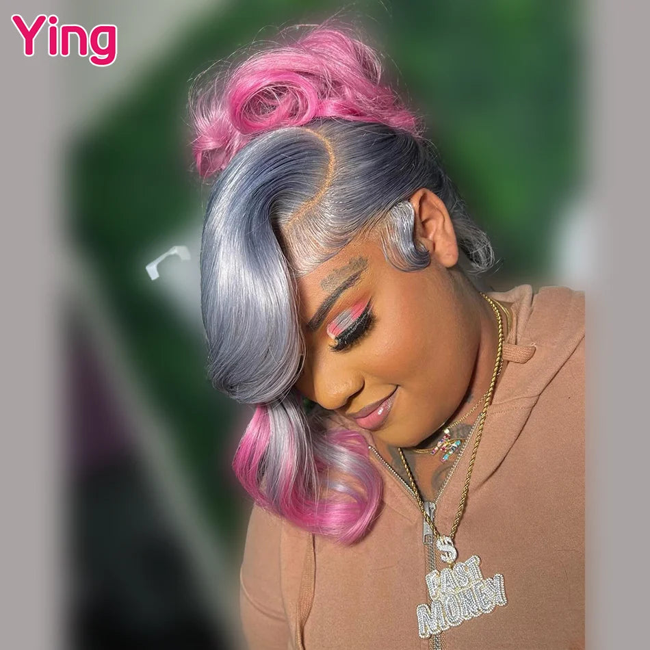 Lace Front PrePlucked Silver Gray Root Pink Body Wave Human Remy Hair Wig