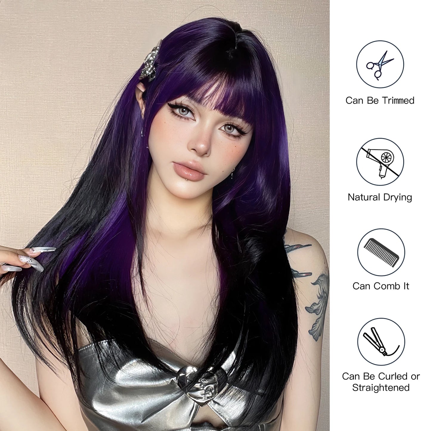 Synthetic Heat Resistant Long Straight with Bangs Ombre Layered Wig