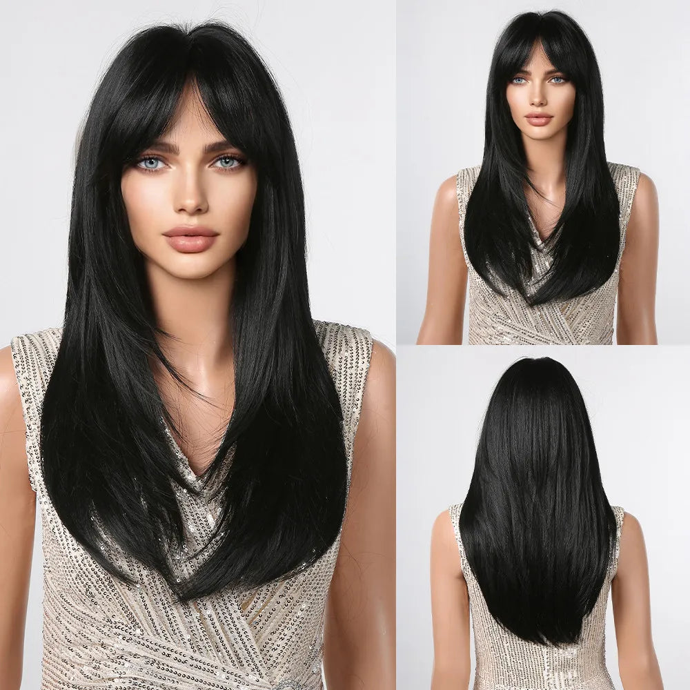 Synthetic Heat Resistant Ombre Long Straight Layered with Bangs Wigs