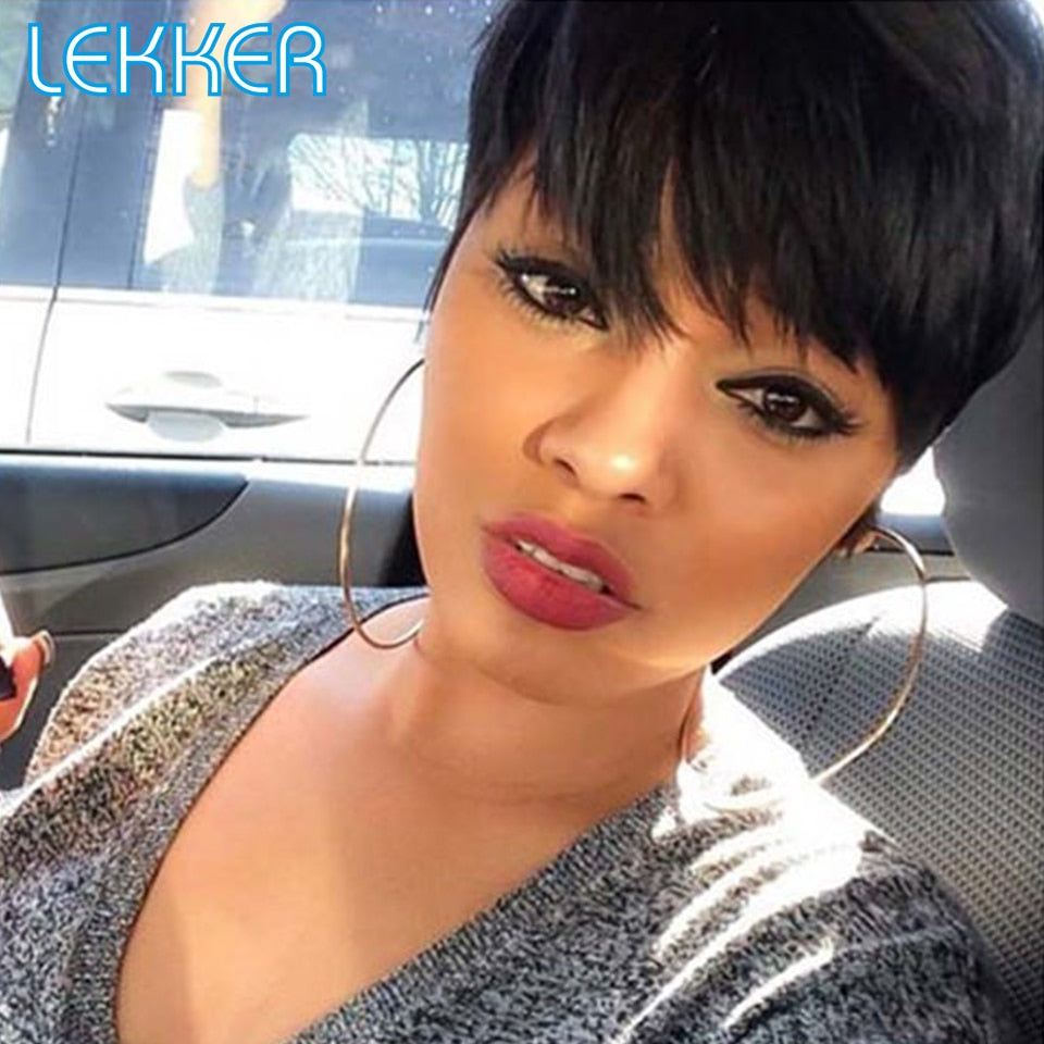 Pixie Short Bob Brazilian Remy Human Hair With Bangs Wigs