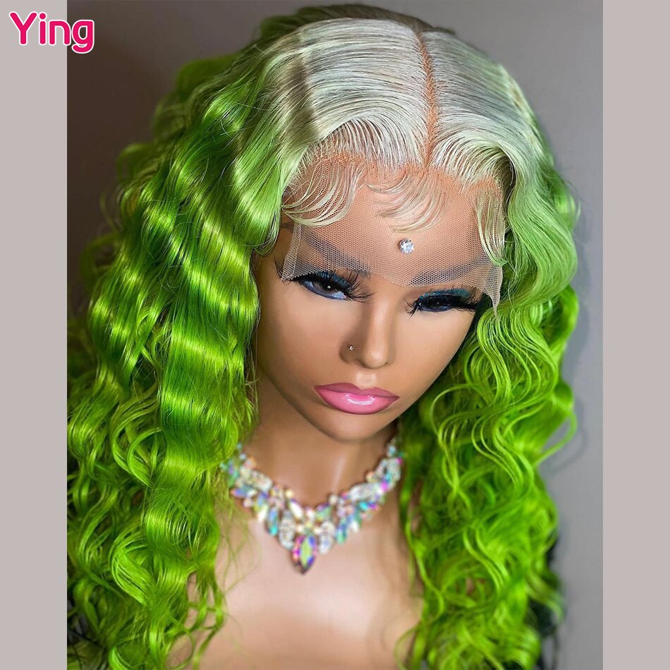 Lace Front Fluorescent Green Deep Curly Brazilian Remy Human Hair Wigs