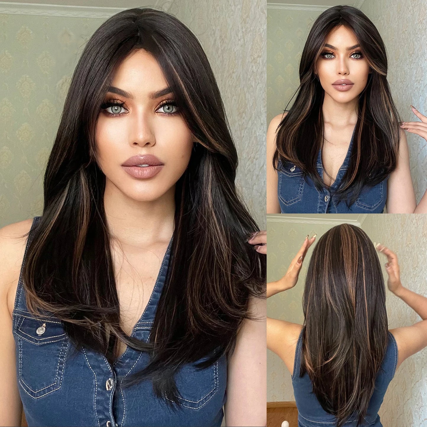 Synthetic Heat Resistant Ombre Long Straight Layered with Bangs Wigs