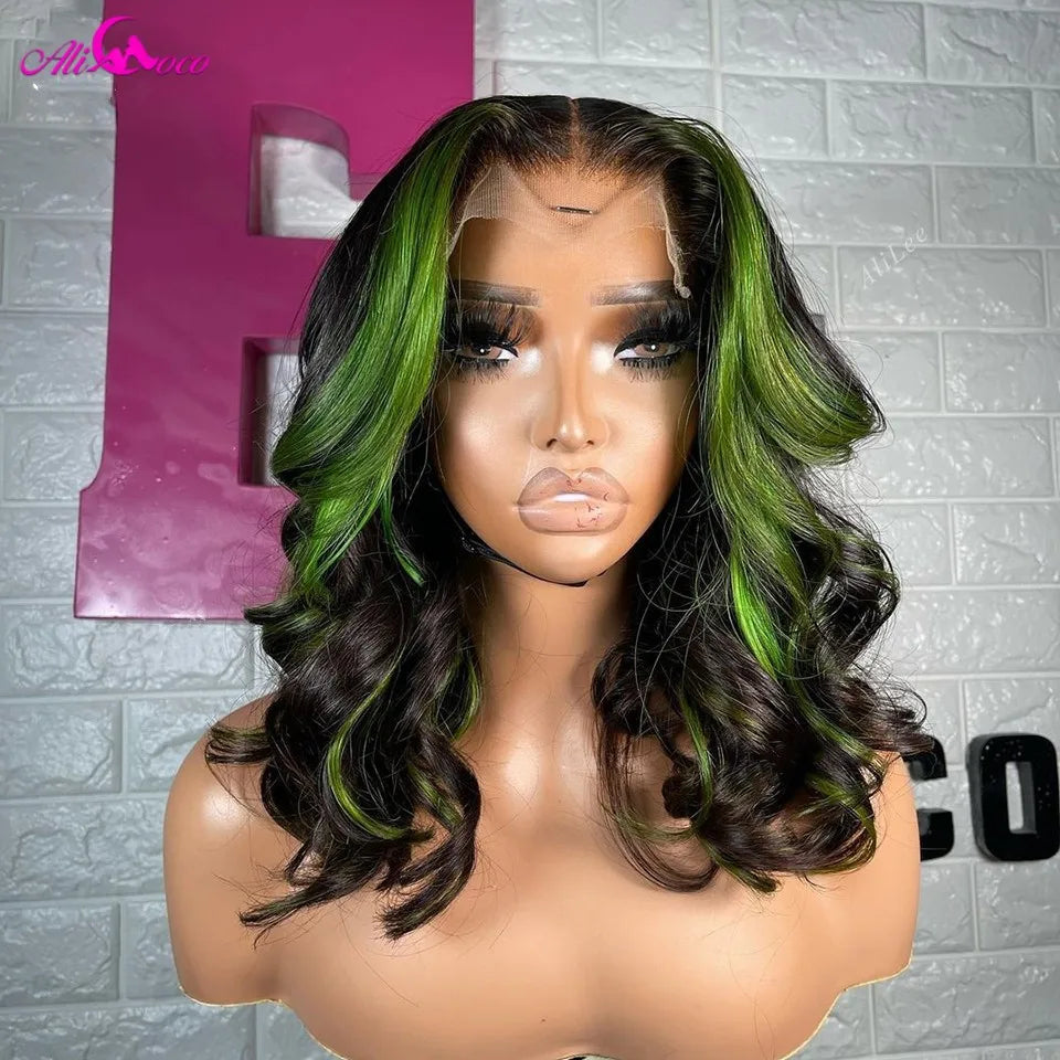 Lace front Transparent Pre plucked Highlight Green Body Wave Human Hair Wigs