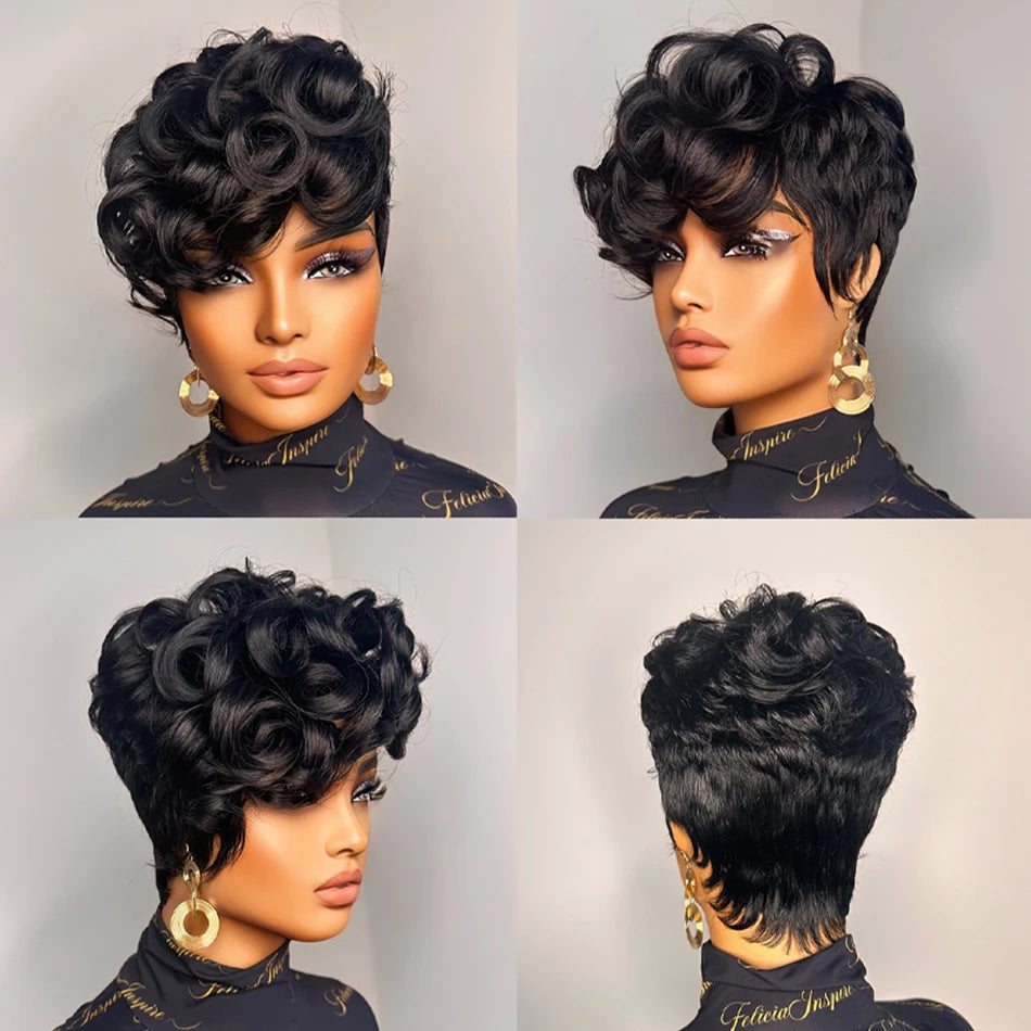 Brazilian Remy Human Hair Pixie Cut Wig – Layered Loose Curls with Bangs